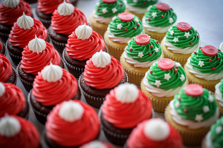 Close-up shot of a variety of cupcakes with red and green frosting, decorated with white accents, perfect for a celebration.の素材