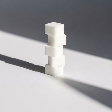 Sugar cubes on a white background with a shadow from the sunの素材