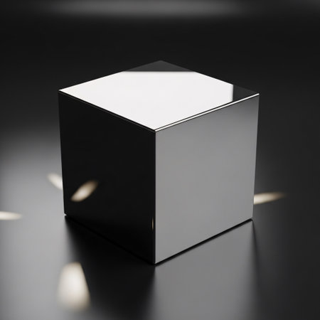 Black square box on black background. 3d render illustration with reflection.の素材