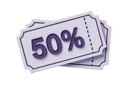 Discount 50 percent off. 3D illustration on white background.の素材