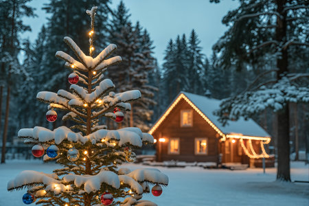 Beautiful Christmas tree in the winter forest. Winter landscape with a wooden house.の素材