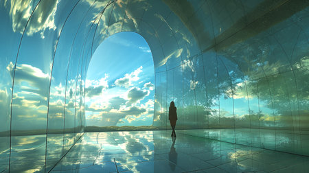 A person standing alone inside a large futuristic glass dome with a cloudy sky outside.の素材