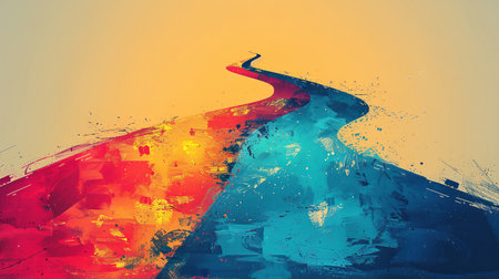 Stylized image of a winding road with dynamic color transition and splatter effectの素材