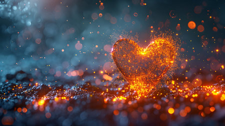 A heart shape made of glowing embers in a dark setting with sparks and smoke around it.の素材