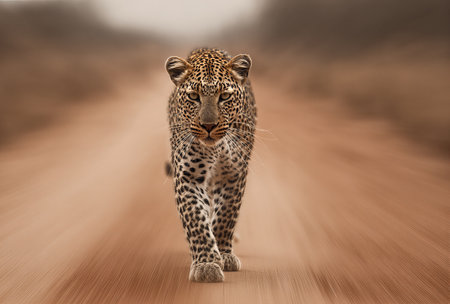 A leopard walks directly towards the camera on a dirt road, its spots and facial expression clearly visible.の素材