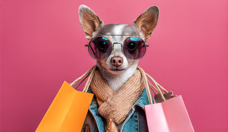 Stylish Chihuahua wearing sunglasses and scarf holding shopping bagsの素材