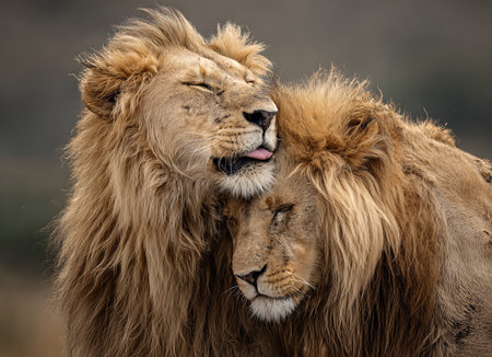 Close-up of two male lions nuzzling and showing affection in a natural settingの素材