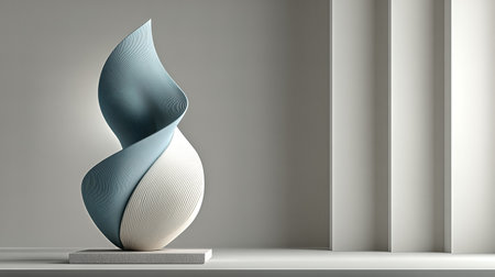 Contemporary abstract sculpture on minimalist white shelf with soft lightingの素材