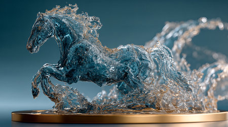 Detailed glass horse sculpture on a gold circular platform with water splashesの素材