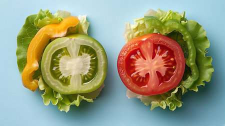 Two healthy sandwiches with lettuce kiwi tomato and peppersの素材