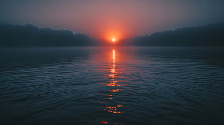 Peaceful lake scene with orange sunset reflection on waterの素材