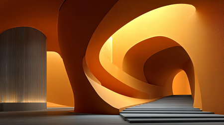 Futuristic building interior with abstract curved shapes and warm lightingの素材