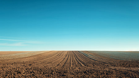 A vast plowed field with rows of soil stretching towards the horizon under a clear blue sky.の素材