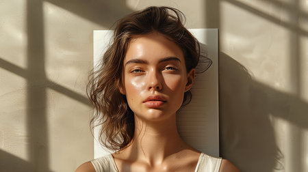 Young woman resting on a pillow with her eyes closed, serene expression, soft natural lightの素材