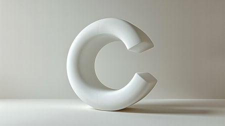 Isolated white ceramic letter C on a white surface with soft lighting and subtle shadowの素材