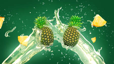 Fresh pineapple and slices in juice splash over green backgroundの写真素材