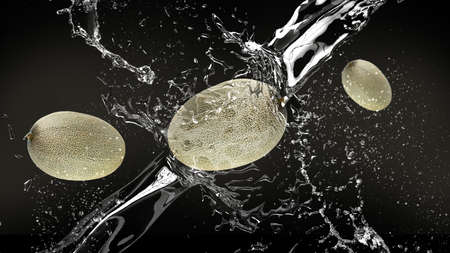Fresh melon in water splash over black backgroundの写真素材