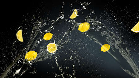 Fresh lemons in water splash over black backgroundの写真素材