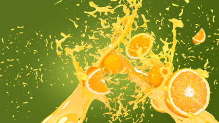 Oranges in juice splash over green and yellow backgroundの写真素材