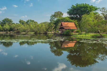 Carved gazebo at the lake Park Museum, Mueang Boranのeditorial素材