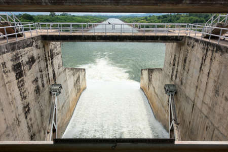 Morning scenery with blue sky and white clouds inside of Pasak Reservoir or Pasak Jolasid dam, ...