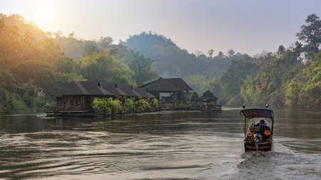 Kanchanaburi,Thailand - February 19, 2018 : River view with raft house on River Kwai in Kanchanaburiのeditorial素材