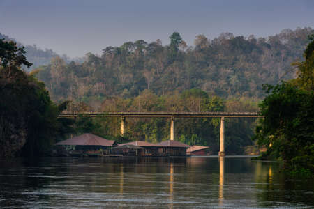 Kanchanaburi,Thailand - February 18, 2018 : River view with raft house on River Kwai in Kanchanaburiのeditorial素材