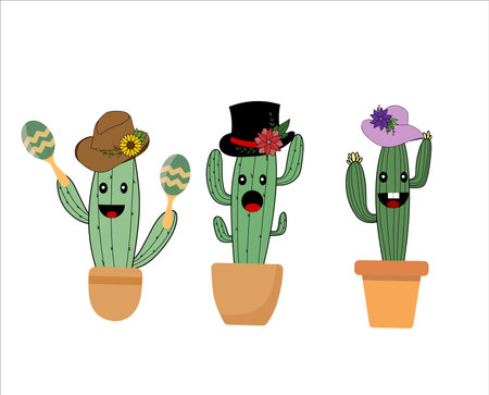 Cute Cactus with Face and Hat Fashion Collectionのイラスト素材