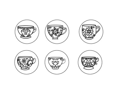 Icon Set of Sketch Cup with Floral Decorationのイラスト素材