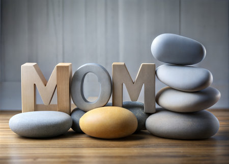 Heartwarming Mothers Day Gift Idea with Wooden Letters and Colorful Stones Display for Momの素材