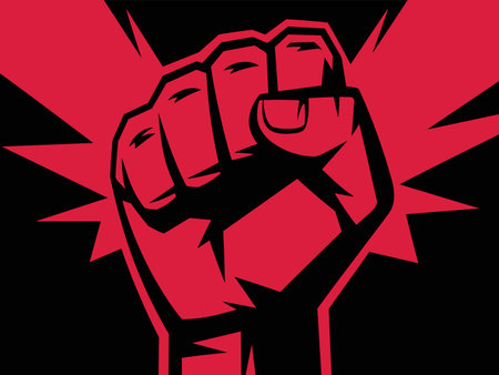 Powerful raised fist vector illustration. Black power symbol. Human hand clenched fist representing revolution, resistance, and protest. Emblem of solidarity, freedom, and strength.のイラスト素材