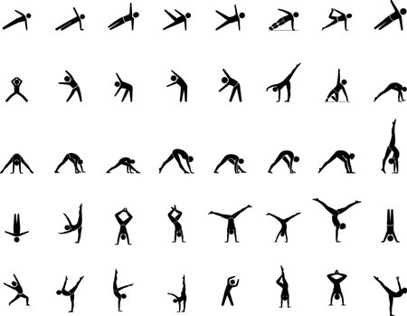 Collection of yoga icons with various stretching and balance poses. These fitness figures illustrate different postures and movements for physical wellness.のイラスト素材