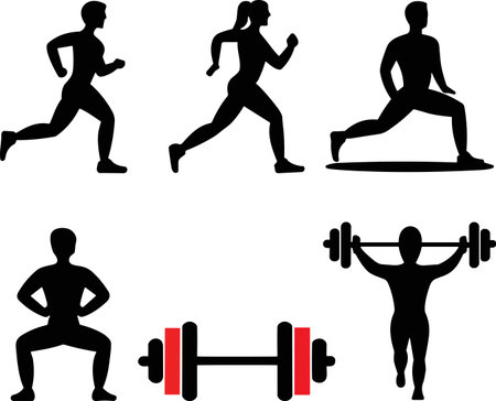 Silhouettes of individuals engaged in various fitness and exercise activities, including running, lunging, squatting, and weightlifting. Showcases physical activity, promoting strength and wellness through different postures and stretching routines.のイラスト素材