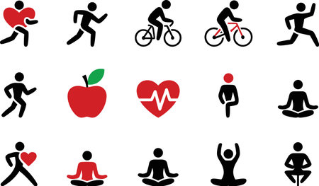 Collection of health and wellness icons, including yoga icons, meditation, fitness, posture, poses, and stretching figures. Promoting active lifestyle and physical well-being.のイラスト素材