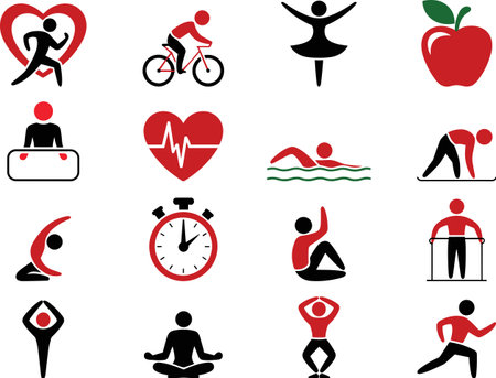 Variety of fitness and wellness icons depicting active lifestyles. Includes yoga, running, cycling, swimming, and healthy eating, promoting overall wellbeing and health.のイラスト素材