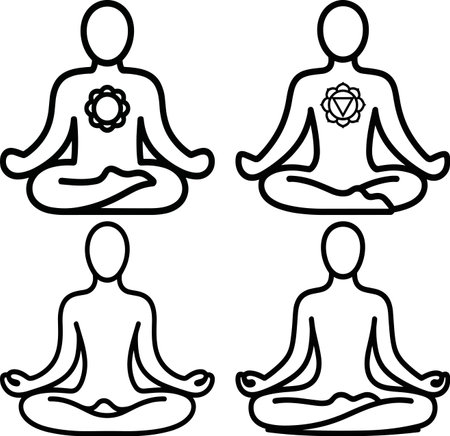 Collection of four yoga icons featuring people in meditation posture. Includes designs with and without chakra symbols, representing energy, wellness, fitness, and spiritual balance, focusing on posture and stretching.のイラスト素材