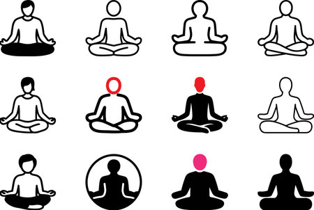 A collection of small black and white icons depicting figures in meditation or yoga poses, arranged in a grid format.のイラスト素材