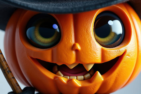 A close up of a cartoon pumpkin character with big eyes. Pumpkin wearing a witch hat and holding a broom. Halloween themed illustration with a cute pumpkin. Whimsical fall decoration with a smiling pumpkin. Festive autumn scene with a playful character.の素材