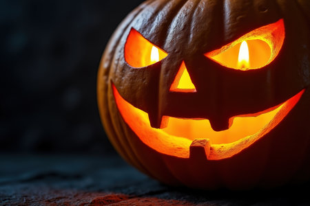 A close-up of a Halloween pumpkin with candlelight glowing through a carved face on a dark background. Autumnal decoration with a scary pumpkin. Glowing pumpkin with illuminated face on dark background for Halloween.の素材