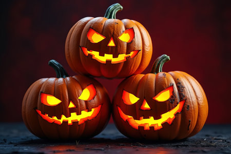 Stacked pumpkins with glowing faces. A trio of jack o lanterns for the autumn holiday season. A spooky Halloween display with three pumpkins. A creepy pumpkin arrangement with glowing faces. A scary pumpkin stack for the holiday. A trio of jack o lanterns with eerie glows.の素材