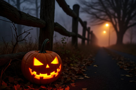 A Halloween pumpkin with a glowing face on a foggy roadside scene with a fence and autumn leaves. Autumnal decoration with a scary pumpkin. Glowing pumpkin with illuminated face on foggy roadside for Halloween.の素材