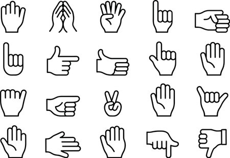 Set of outline hand gestures suitable for various communication and interaction needs. Includes pointing, open palm, and other hand poses for diverse applications.のイラスト素材