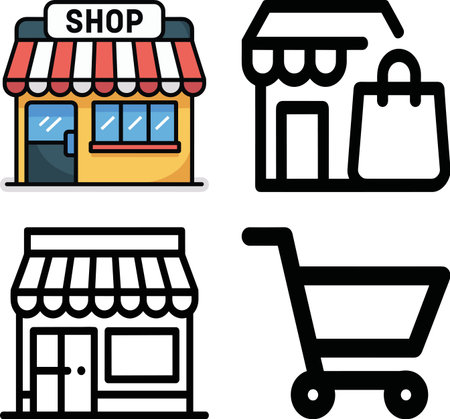 Shop building and shopping cart vector icons set, including colorful cartoon store, outline store with bag, and outline shopping cart for retail needs.のイラスト素材