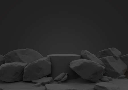 Minimal cosmetic background for product presentation. Podium of cosmetic bottles and green leaf on gray background. 3d render illustration. Isolated object clipping path included.の写真素材