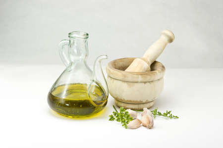 Ingredients to do a chopped one of garlic and parsleyの写真素材