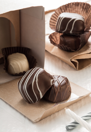 chocolates in white, dark, and milk chocolate.の写真素材