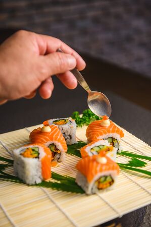 delicious sushi roll Japanese food, Salmon menu Japanese food cuisineの写真素材