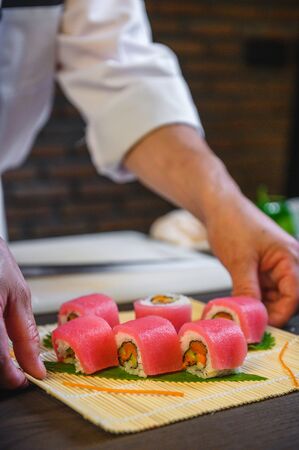 maguro sushi roll Japanese food, fresh tuna menu Japanese food cuisineの写真素材