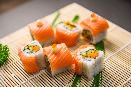 delicious sushi roll Japanese food, Salmon menu Japanese food cuisineの写真素材