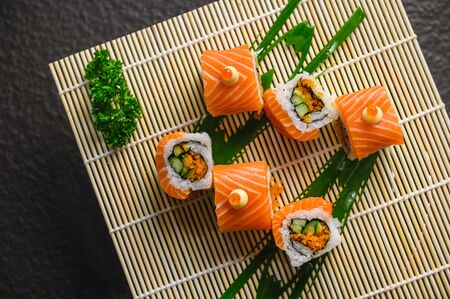 delicious sushi roll Japanese food, Salmon menu Japanese food cuisineの写真素材